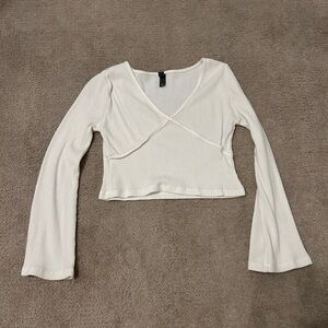 Soft White Cropped V-Neck Bell Sleeve Sweater